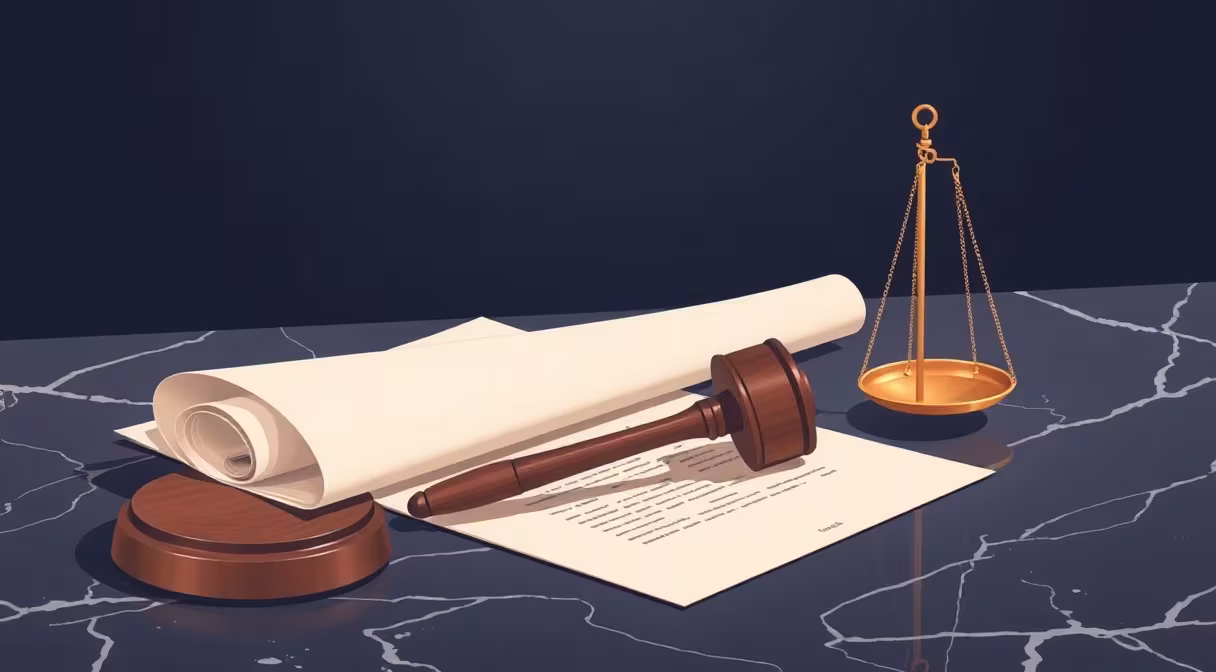 Súdne kladivo a váhy spravodlivosti na mramorovom stole pri právnom dokumente o justičných zmenách.