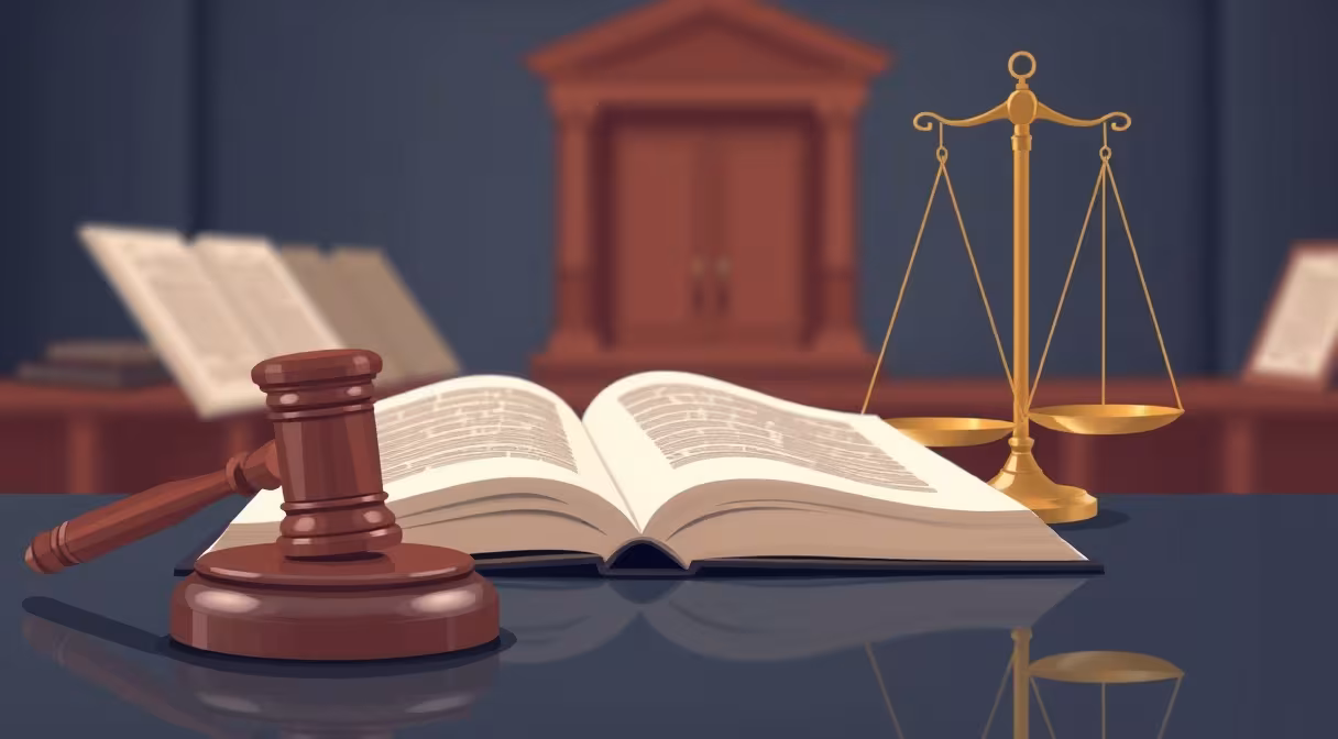 Gavel, sudcovská kniha a váha spravodlivosti na stole v sále správneho súdu