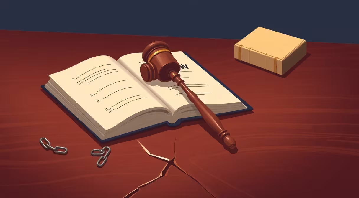 Gavel a prasklina v dreve symbolizujúce zodpovednosť za škodu v práve.