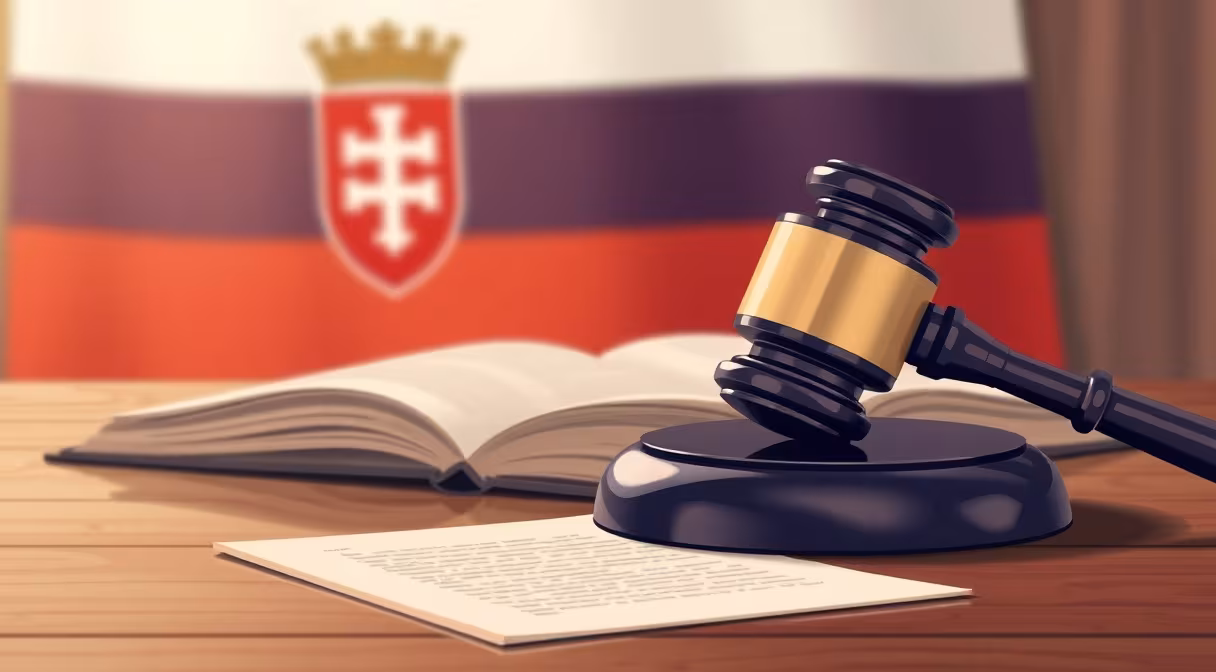 Gavel a otvorená kniha na stole v pozadí s vlajkou Slovenska, symbolizujúce novelu Zákonníka práce