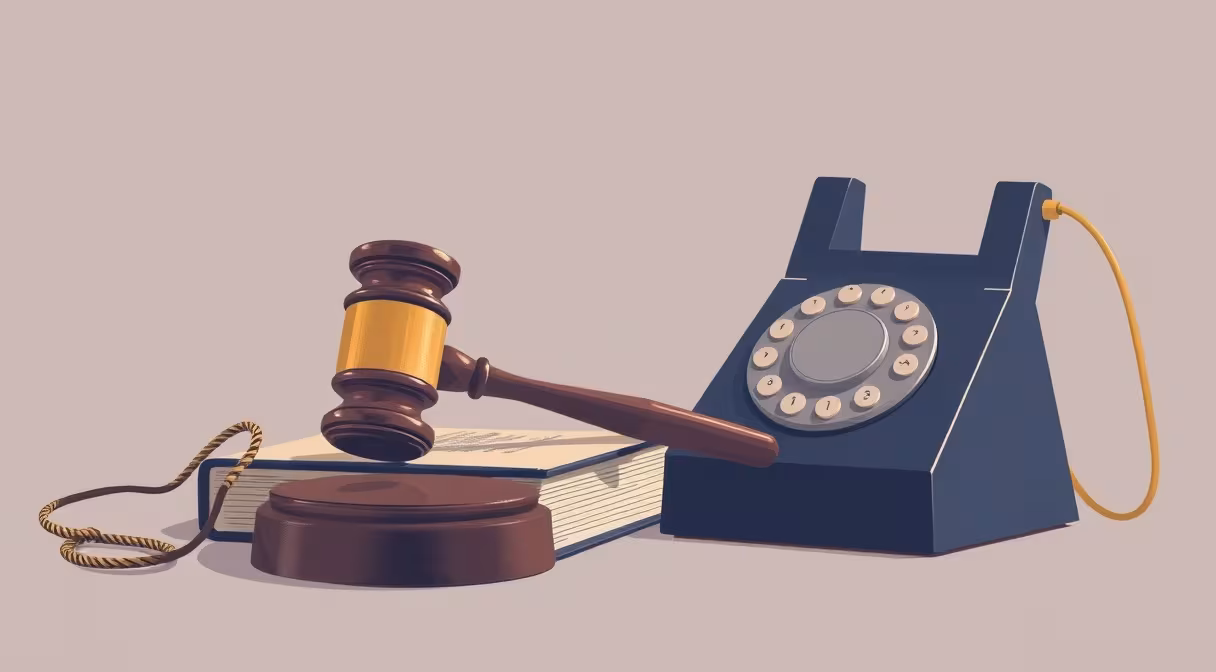 Súdne kladivo a kniha so zákonom pri prerezanom telefóne symbolizujúcom dotieravé obťažovanie.