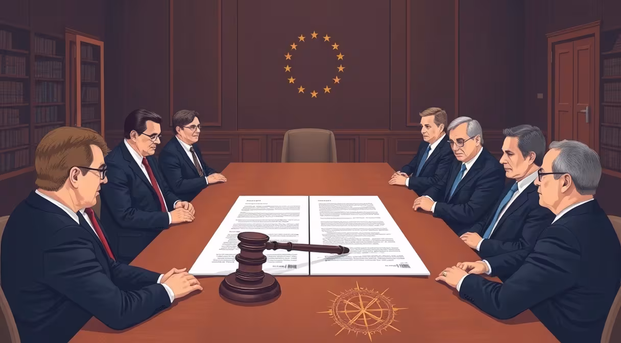 Ministri financií pri rokovacom stole s dokumentom o eurovale a kladivkom