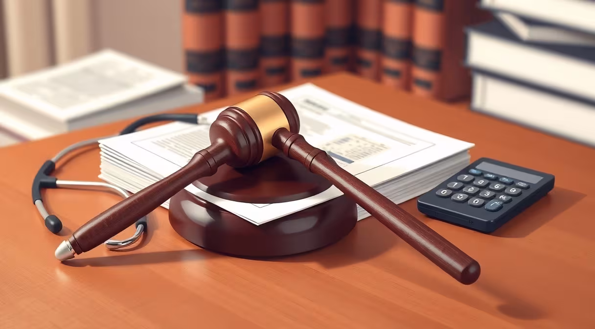 Gavel, stethoscope a kalkulačka na stole symbolizujú spojenie práva a zdravotného poistenia