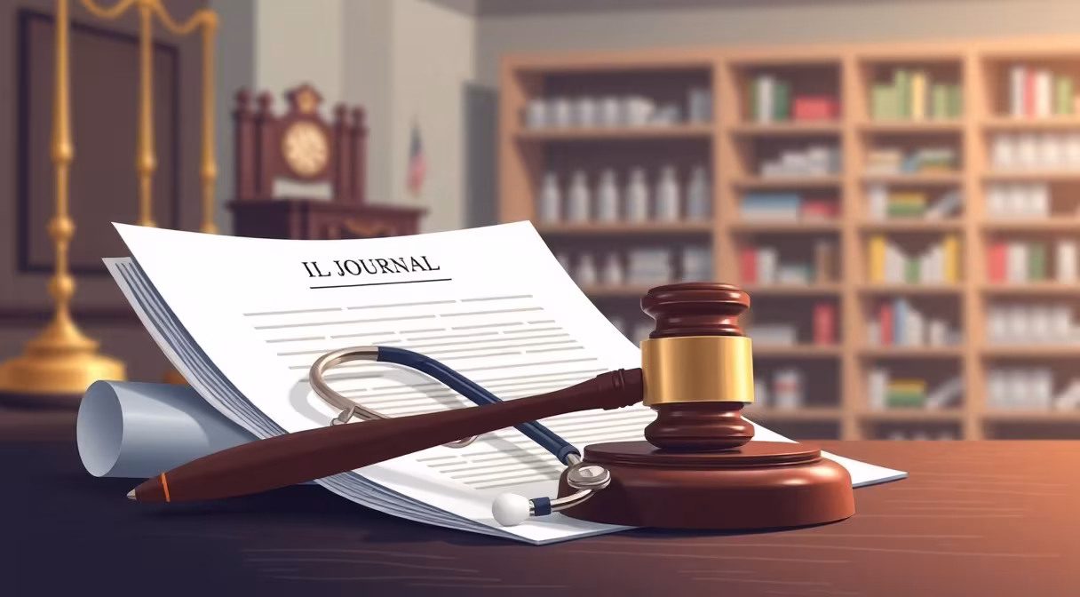 Gavel a stetoskop na právnom dokumente, pozadie súdna sieň a lekárne.