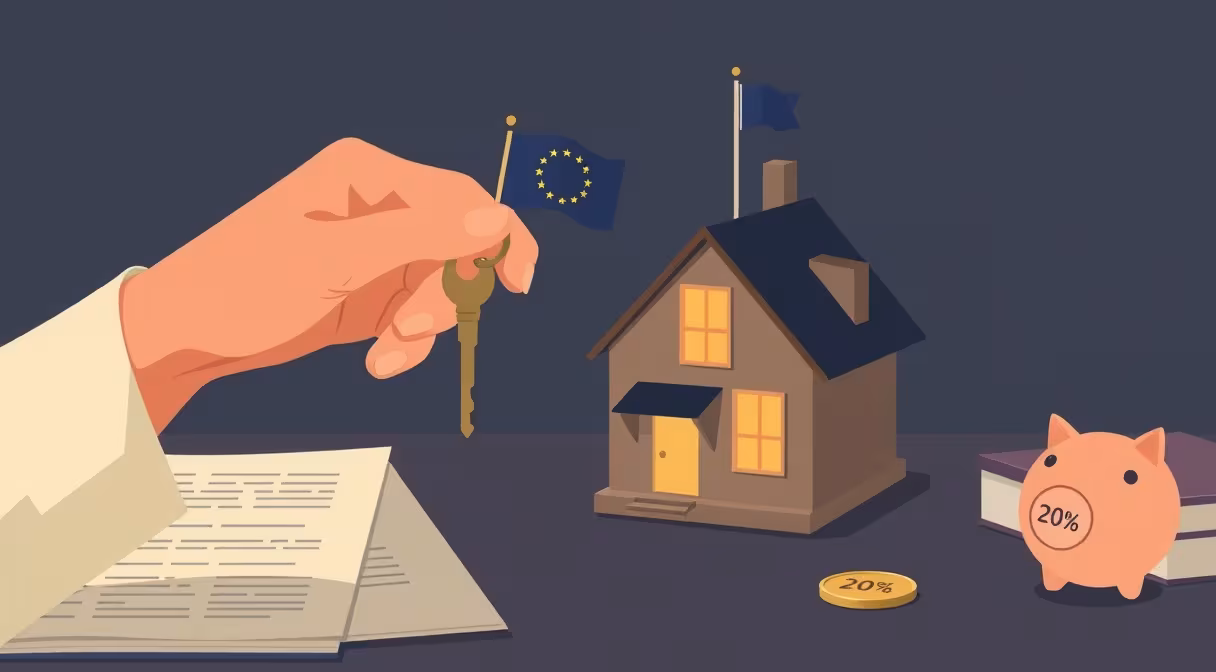 Kľúč pri modeli domu s vlajkou EÚ, prasiatko a minca 20% na stole.