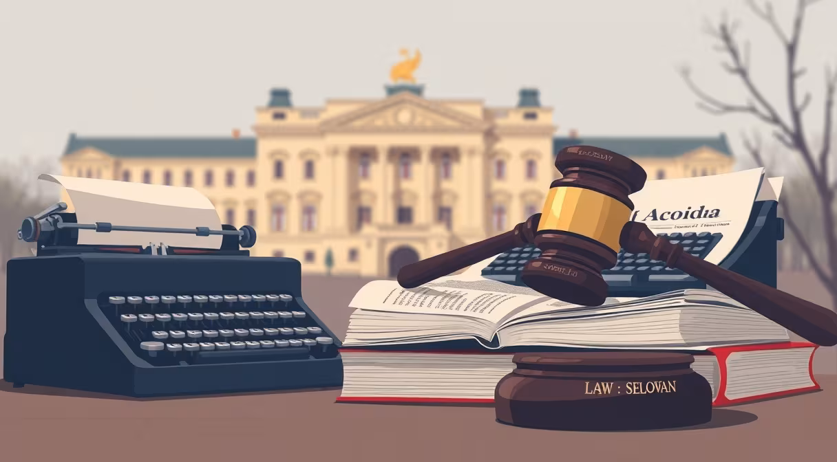 Klopätko na stole z kníh, písací stroj a noviny pred budovou parlamentu symbolizujúce novelu autorského zákona.