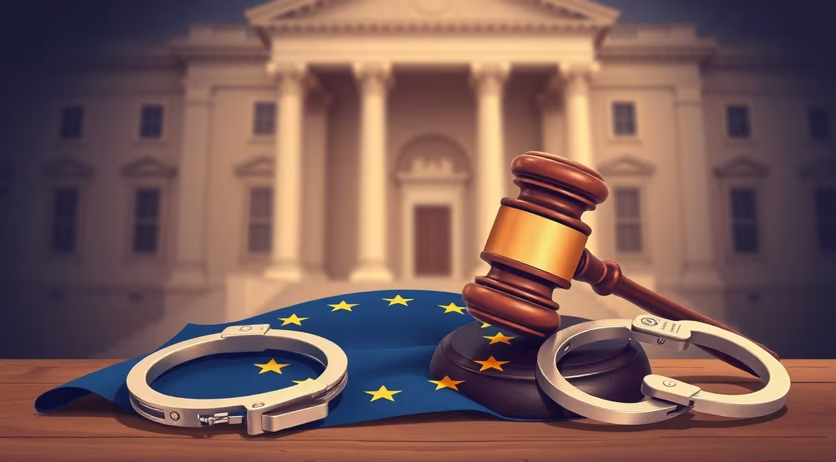 Kladivo na vlajke EÚ vedľa putiec pred súdom, znázorňujúce európsky zatýkací rozkaz.