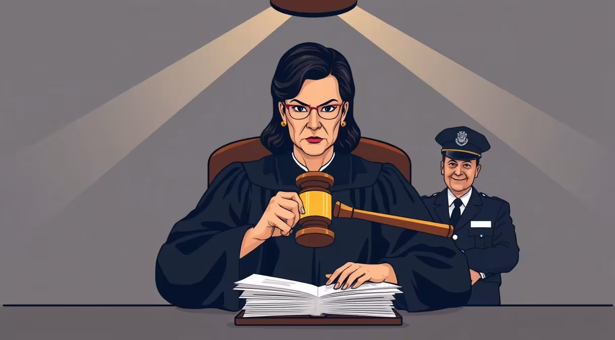 Sudca s kladivom a policajt s ministrom pri stole pod reflektormi, symbolizujúc zodpovednosť za škodu pri výkone verejnej moci