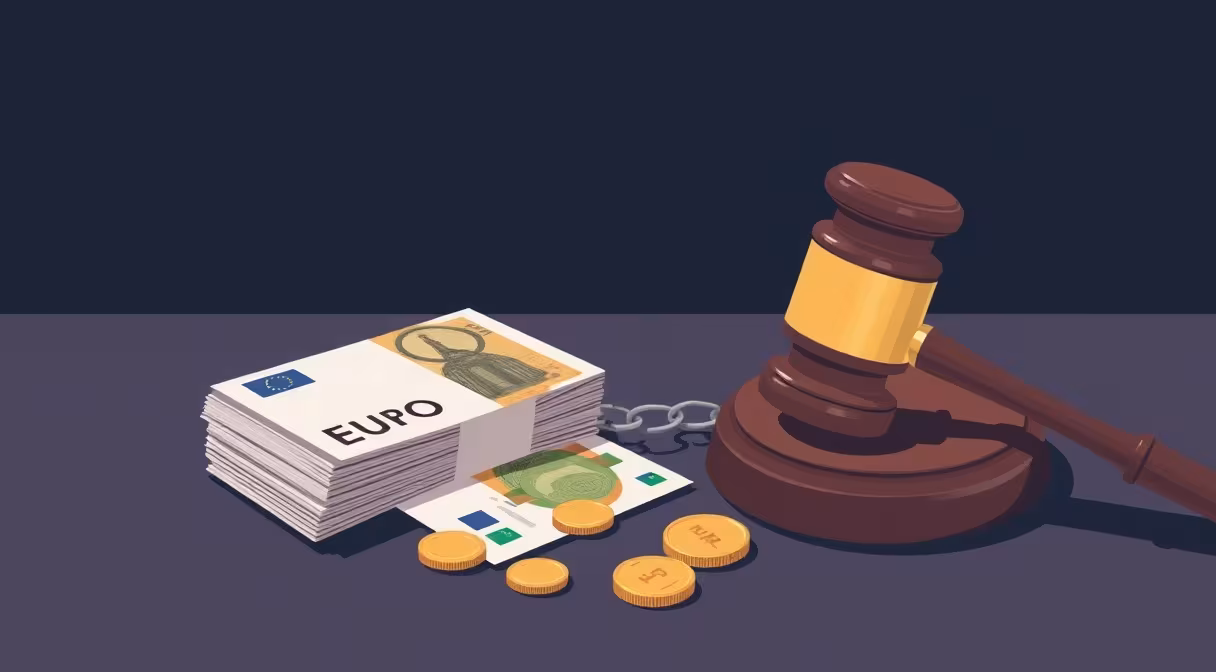 Súdne kladivo pri porušenom reťazi a hromade eurobankoviek symbolizuje obmedzenie platieb v hotovosti.
