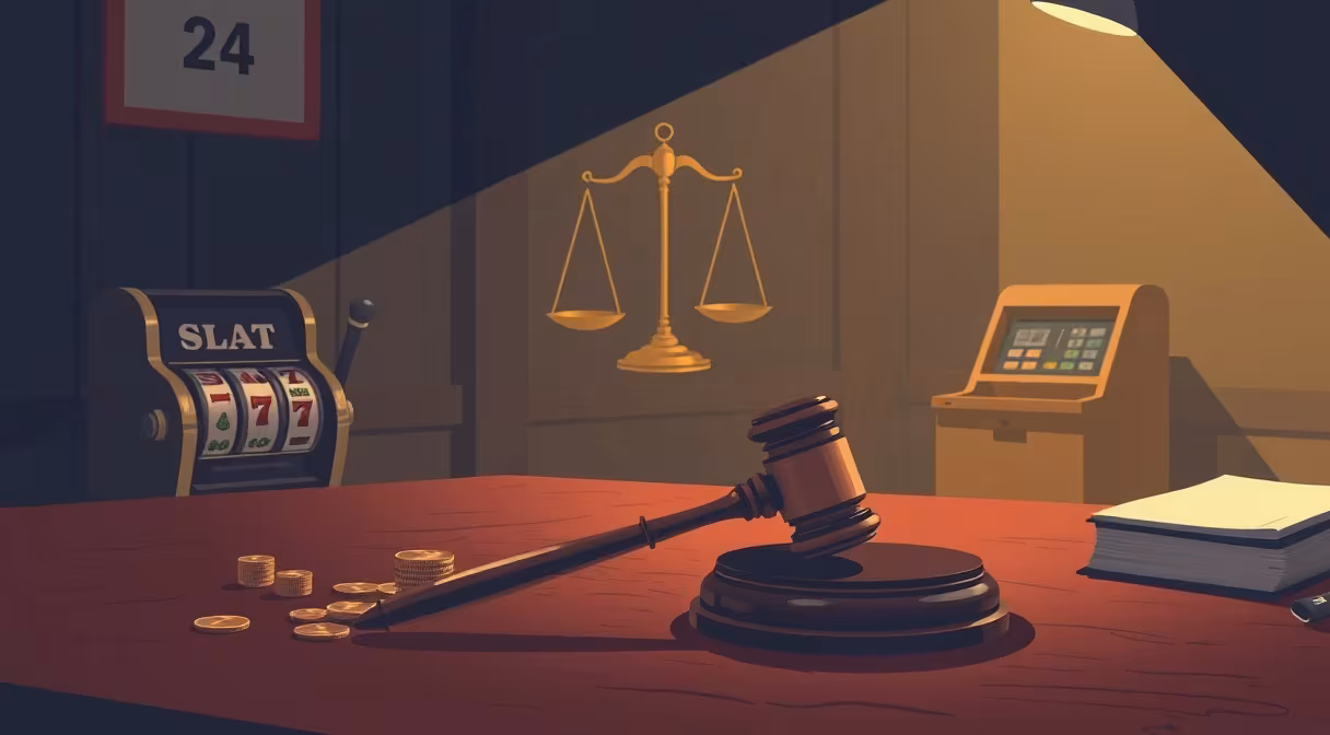 Súdne kladivo na stole vedľa mincí a rozbitej hracej automaty symbolizuje novelu zákona o hazardných hrách.