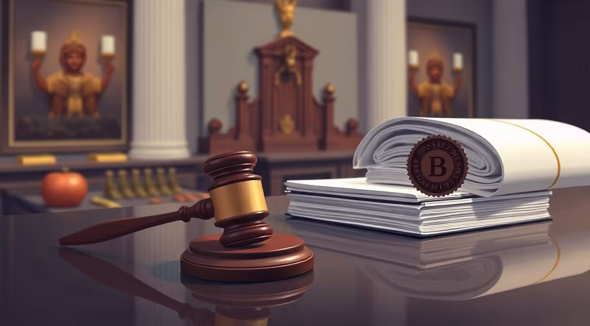 Gavel a dokumenty symbolizujúce novelu zákona o verejnom obstarávaní na stole v parlamente.