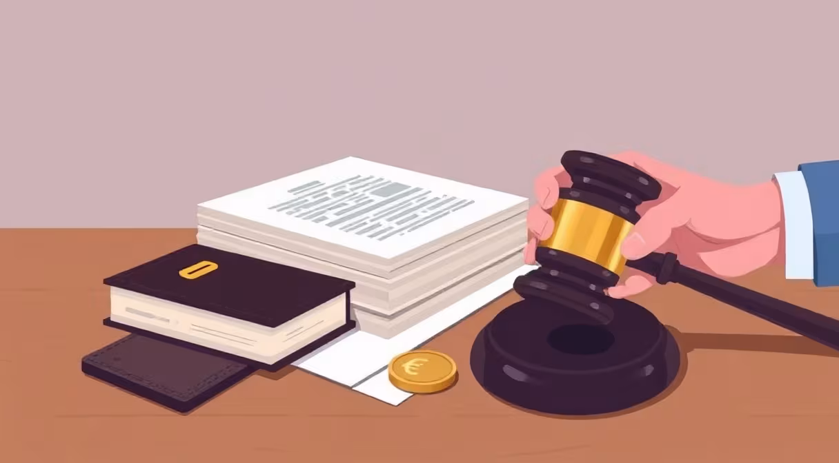 Osobný bankrot znázornený kladivkom, dokumentami a jednou euromincou na stole.