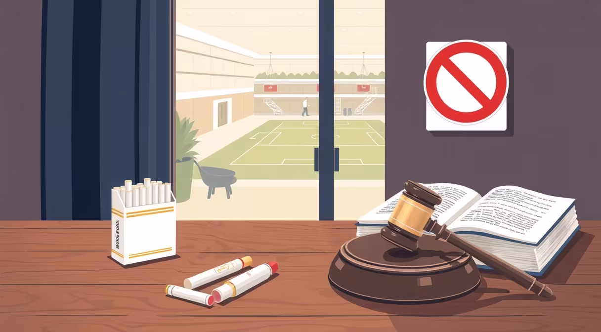 Balíček cigariet a elektronická cigareta na stole vedľa gavely a zákona s nápisom Zákaz fajčenia v pozadí.