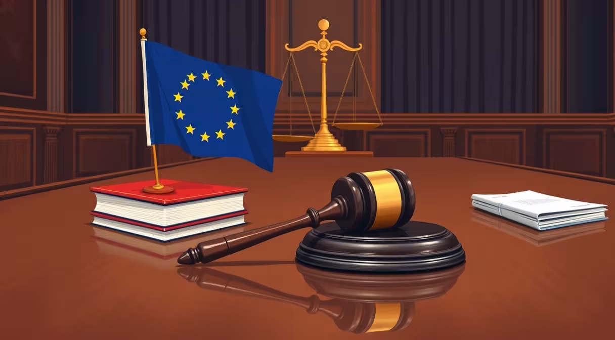 Gavel a dokumenty na stole v sále EÚ symbolizujú rozpočtovú zodpovednosť.