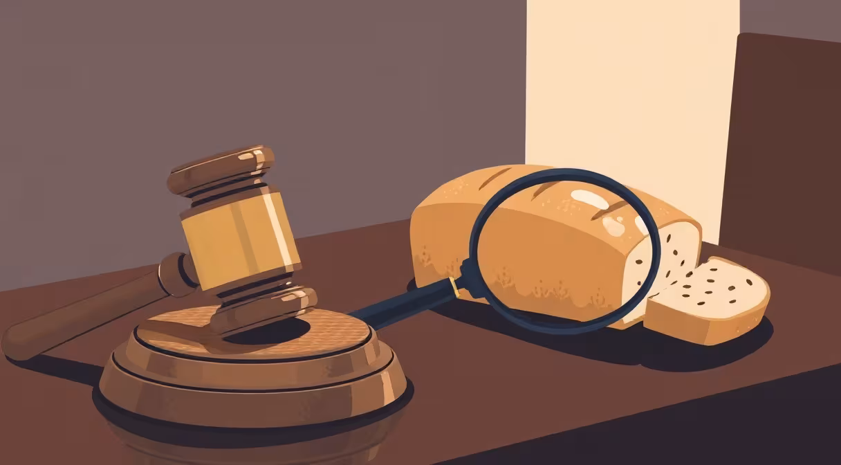 Gavel a bochník chleba s lupou symbolizujúce sprísnenie potravinového zákona