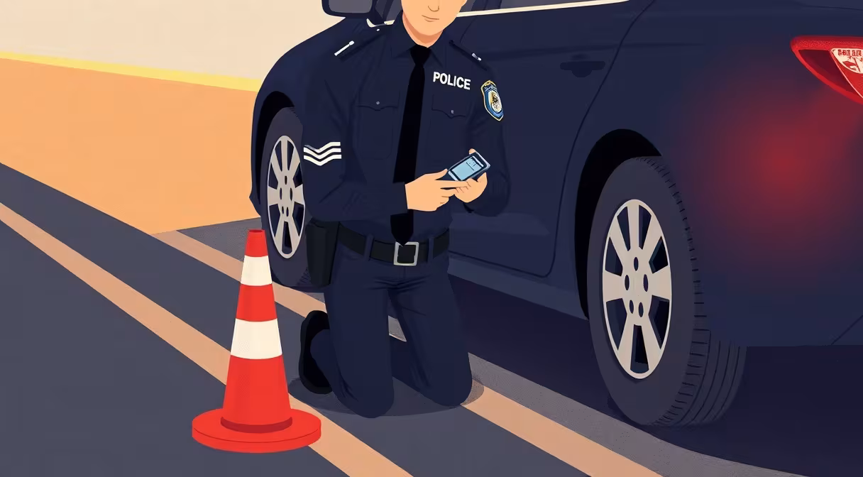 Policajt kontroluje vodiča dychovou skúškou na alkohol pri zastavenom aute na kraji cesty.