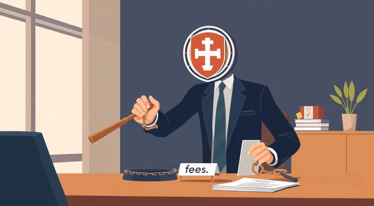 Bankár odovzdáva kladivo zákazníkovi a láme reťaze označené ako poplatky v modernej kancelárii.