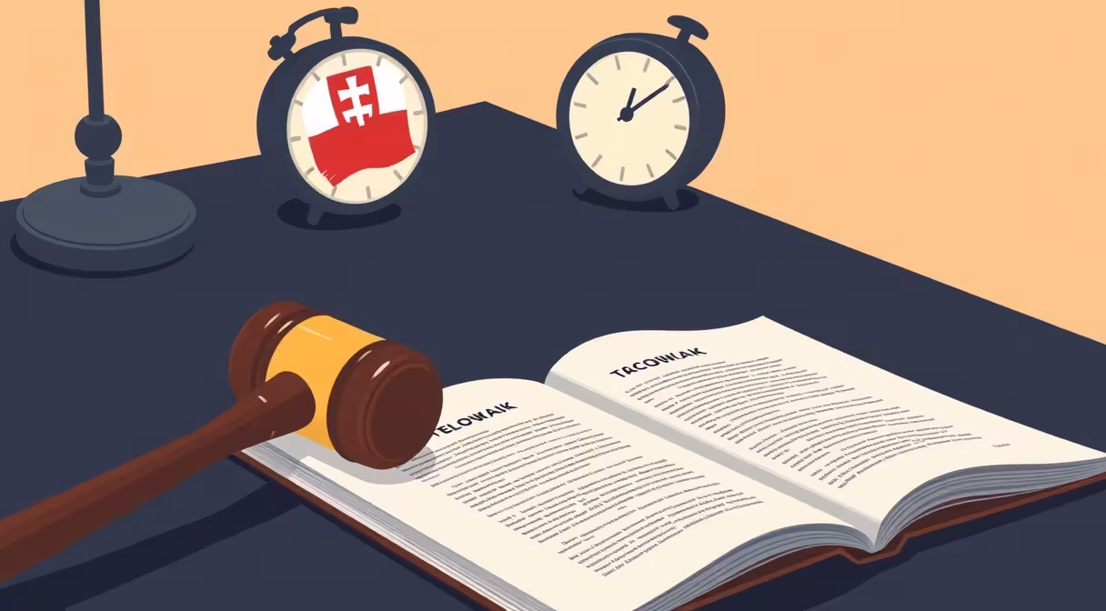 Gavel and slovenský pas na stole s hodinami ukazujúcimi 1. máj