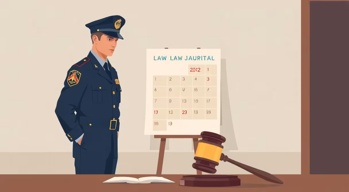 Policajt a vojak v uniformách hľadia na kalendár s vyznačenými dátumami, v popredí kladivo na stole.