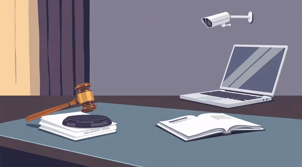 Gavel na stole, dokumenty a notebook, na stene bezpečnostná kamera – symbol nového zákona o ochrane osobných údajov.