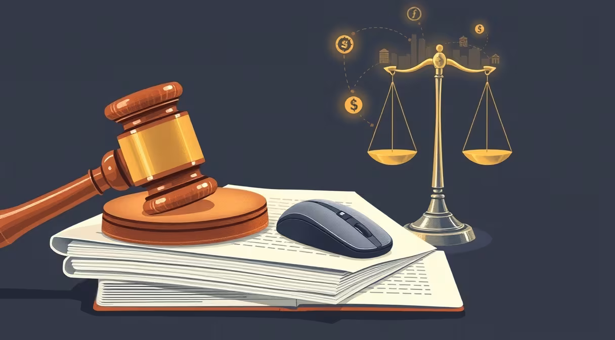 Legal dokumenty s gadget kladivom a elektronické trhovisko v pozadí ilustrujú verejné obstarávanie.