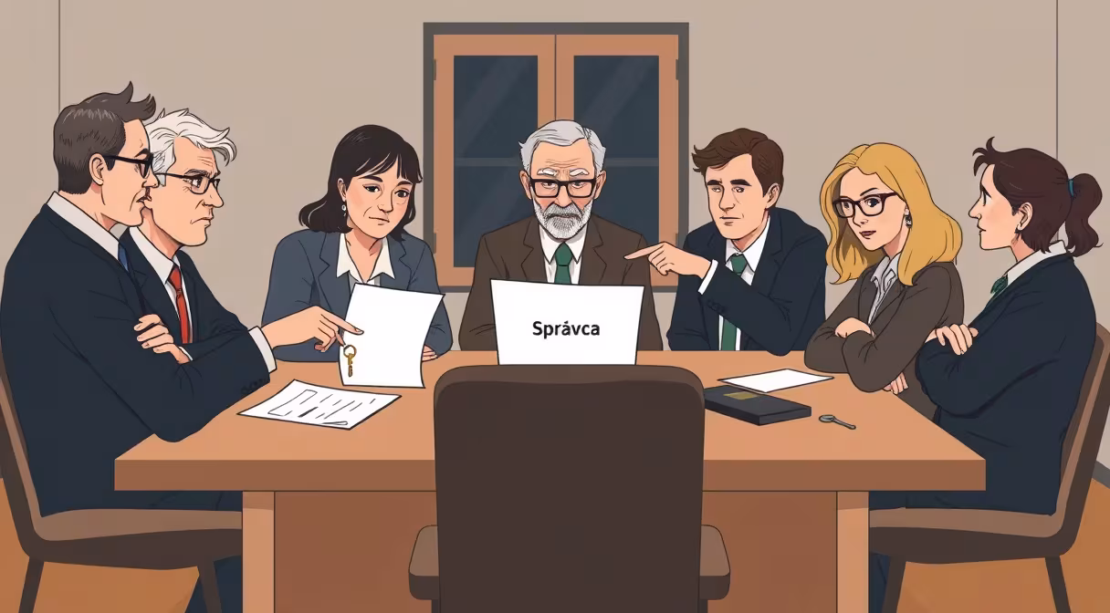 Skupina vlastníkov bytov diskutuje pri stole o výmene správcu.