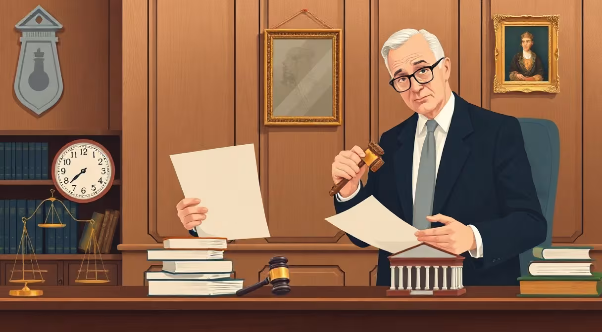 Právnik s gavelom a dokumentom v kancelárii pred modelom továrne, ilustrujúci dedenie podniku.