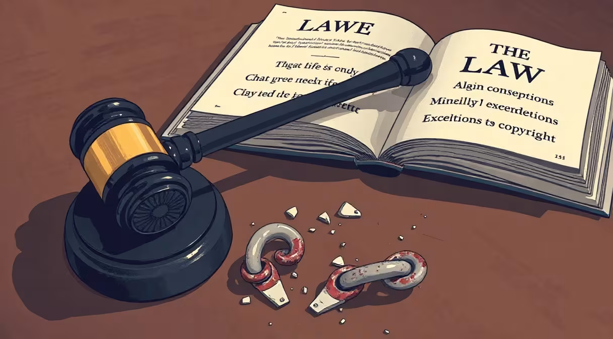 Súdne kladivo a otvorená kniha zákona na stole s pretrhnutou reťazou, symbolizujúce zákonné licencie v autorskom práve.