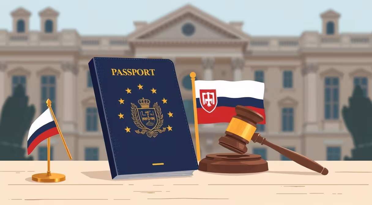 Pas Európskej únie a slovenská vlajka vedľa kladivka na stole, symbolizujúce pobyt občana EÚ na Slovensku.