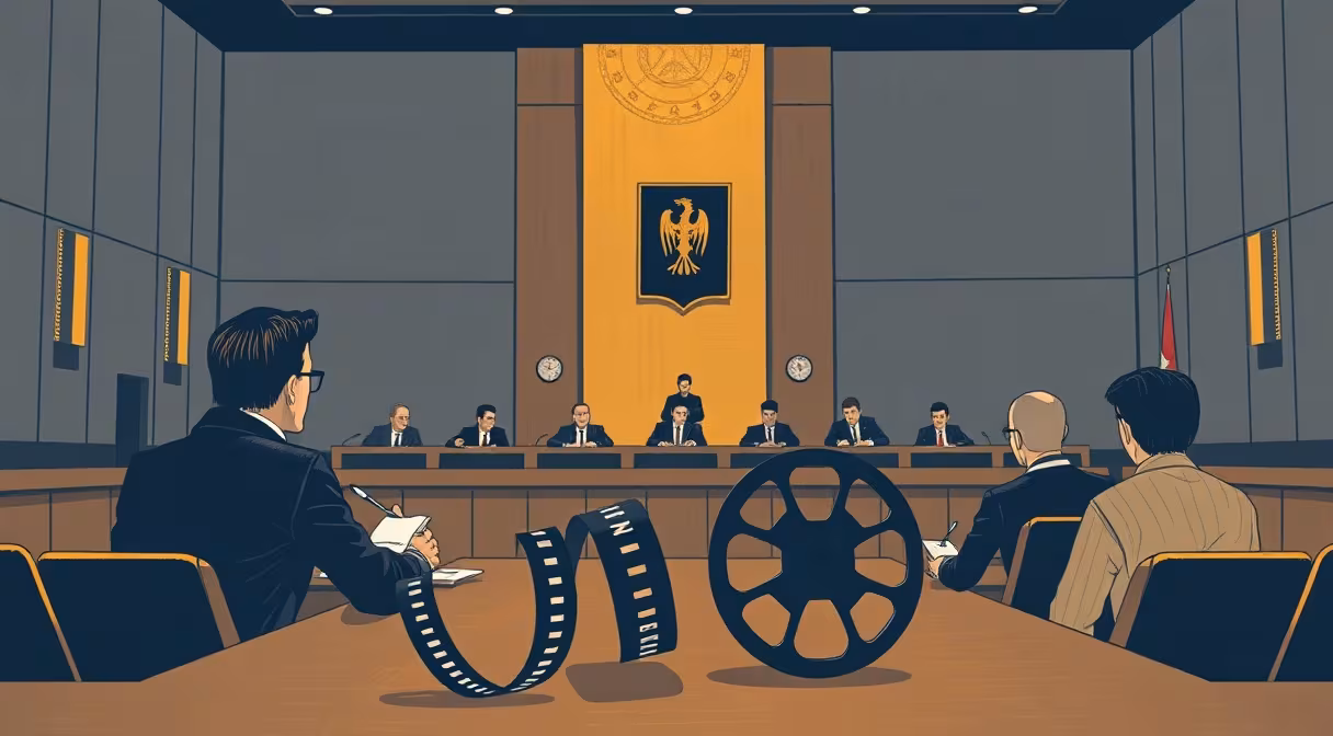 Režisér audiovizuálneho diela pred výborom parlamentu s filmovou cievkou na stole.