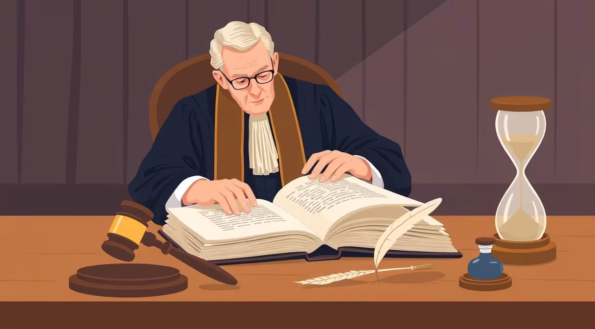 Sudca s knihou daňových zákonov a gavelom na stole, symbol novely daňového poriadku.