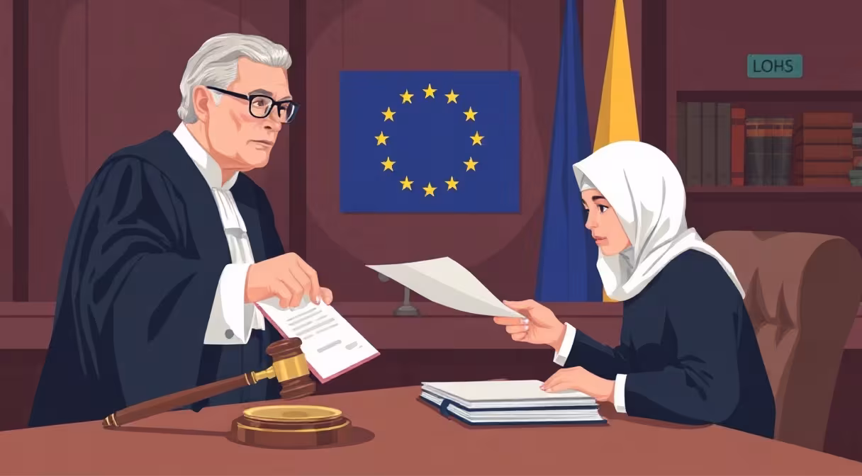 Sudca odovzdáva dokument utečencovi v súdnej sieni, v pozadí vlajka Európskej únie