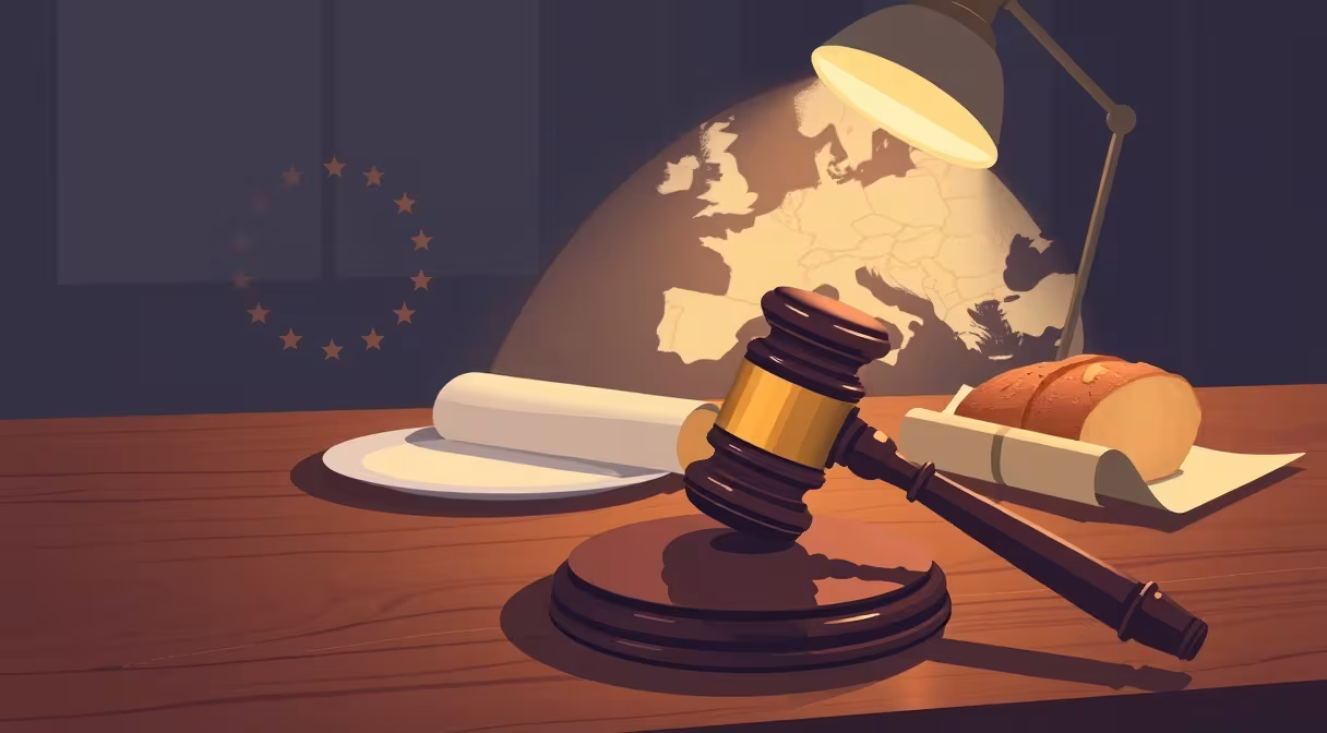 Gavel, chlieb a mapa Európskej únie na stole ilustrujú novelu zákona o potravinách.