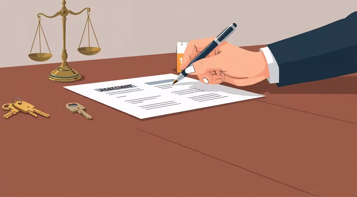 Ilustrácia k článku o krátkodobom nájme bytu: podpisovanie zmluvy a kľúč od bytu.