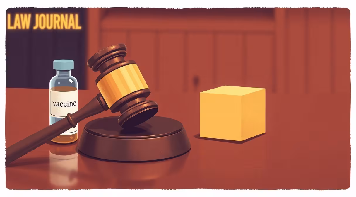 Súdne kladivo, vakcína a detská kocka na stole symbolizujú judikatúru o povinnom očkovaní.