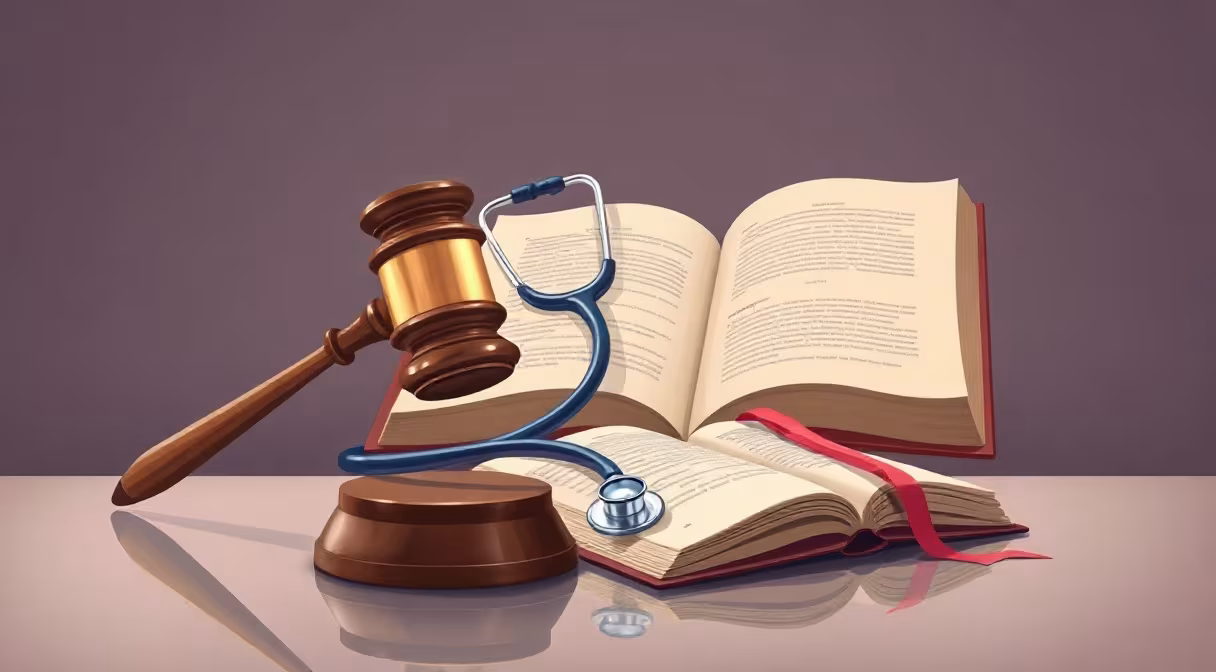 Gavel, stethoscope, and open law book symbolizing novelizácia zákonov o zdravotnej starostlivosti.