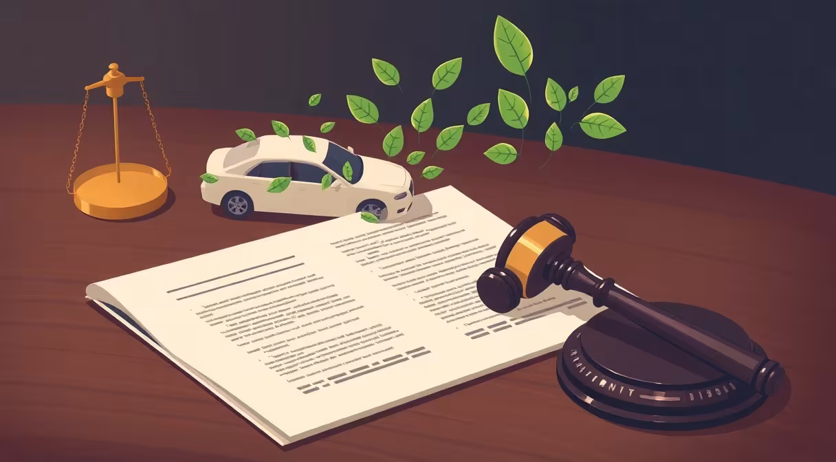 Gavel na stole vedľa modelu auta s listami, symbolizujúci ekologickejšiu daň z vozidiel.