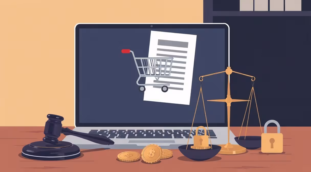Notebook s gavelom a váhou symbolizuje právnu úpravu podnikania na internete.