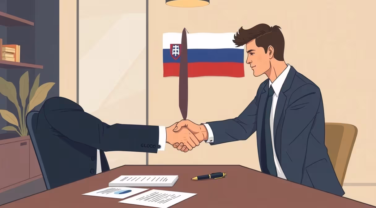 Mladý muž si podáva ruku s manažérom pri podpise pracovnej zmluvy, v pozadí slovenská vlajka, symbol zamestnanosti mladých.