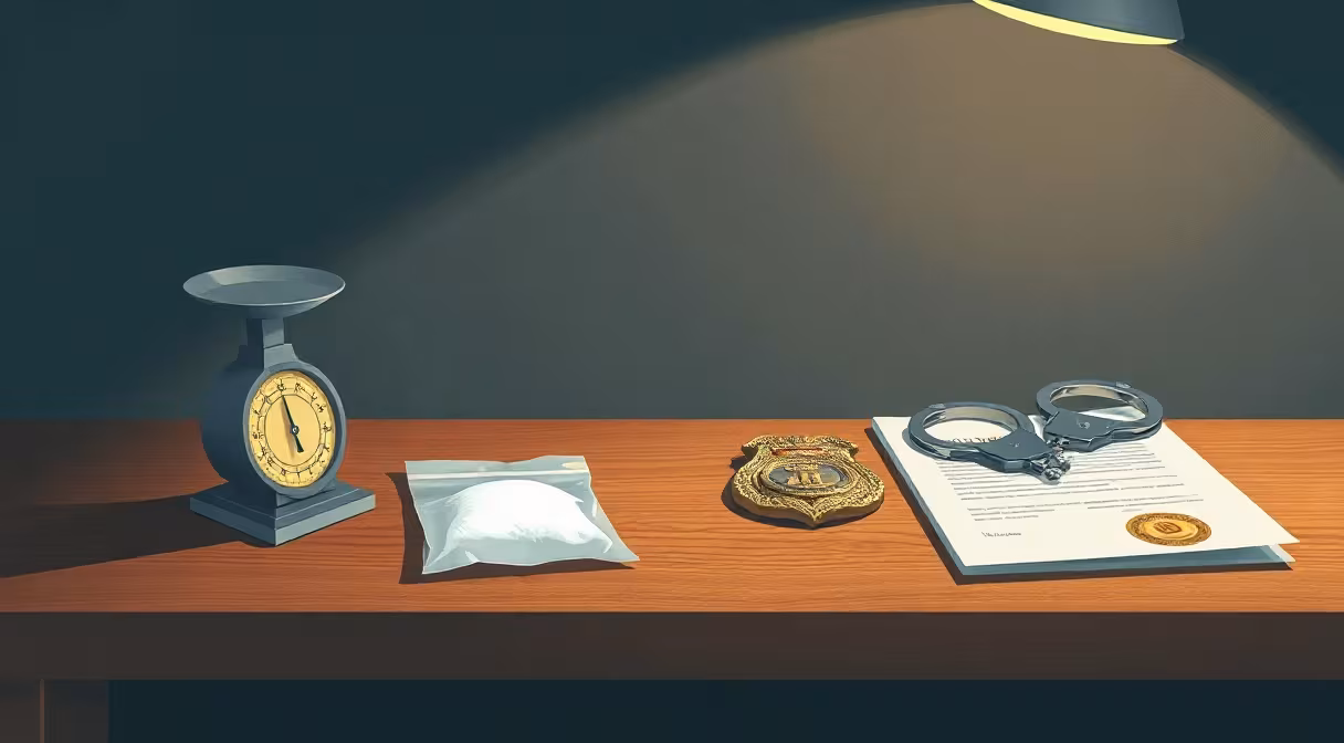 Ilustrácia k článku o zákone prekurzorov výbušnín: váhy, vrecko s práškom, odznak a putá na stole.