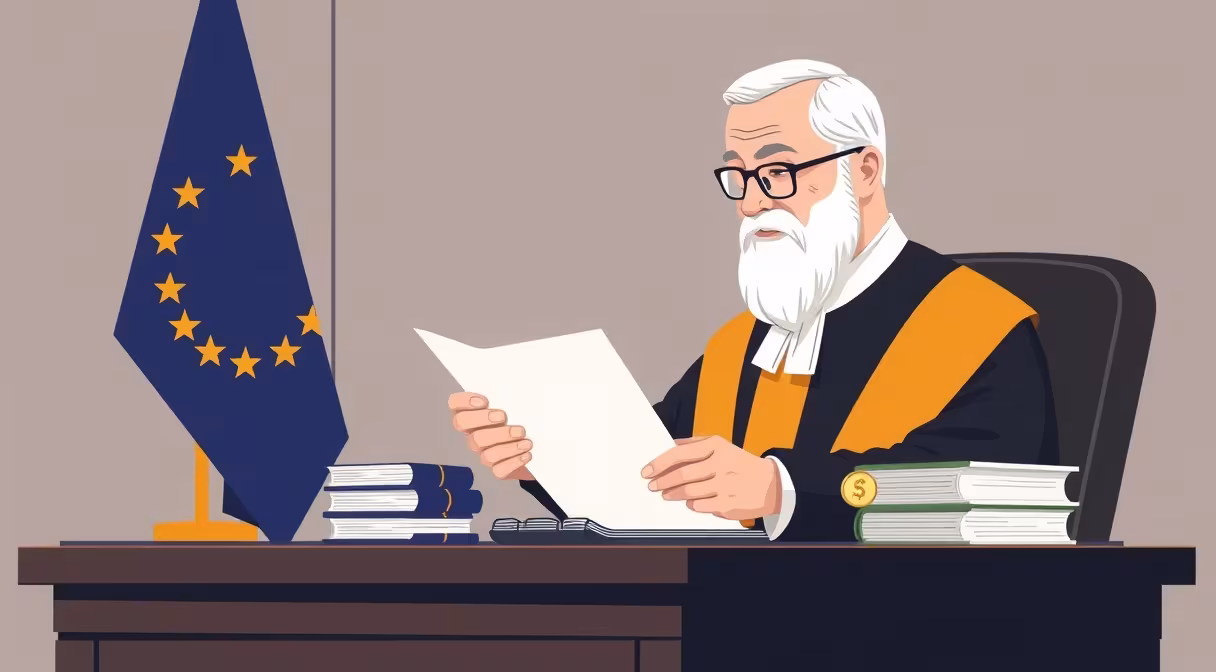 Sudca v talári skúma dokumenty pri stole, v pozadí vlajka EÚ a zlatá minca pri príspevkoch z fondov