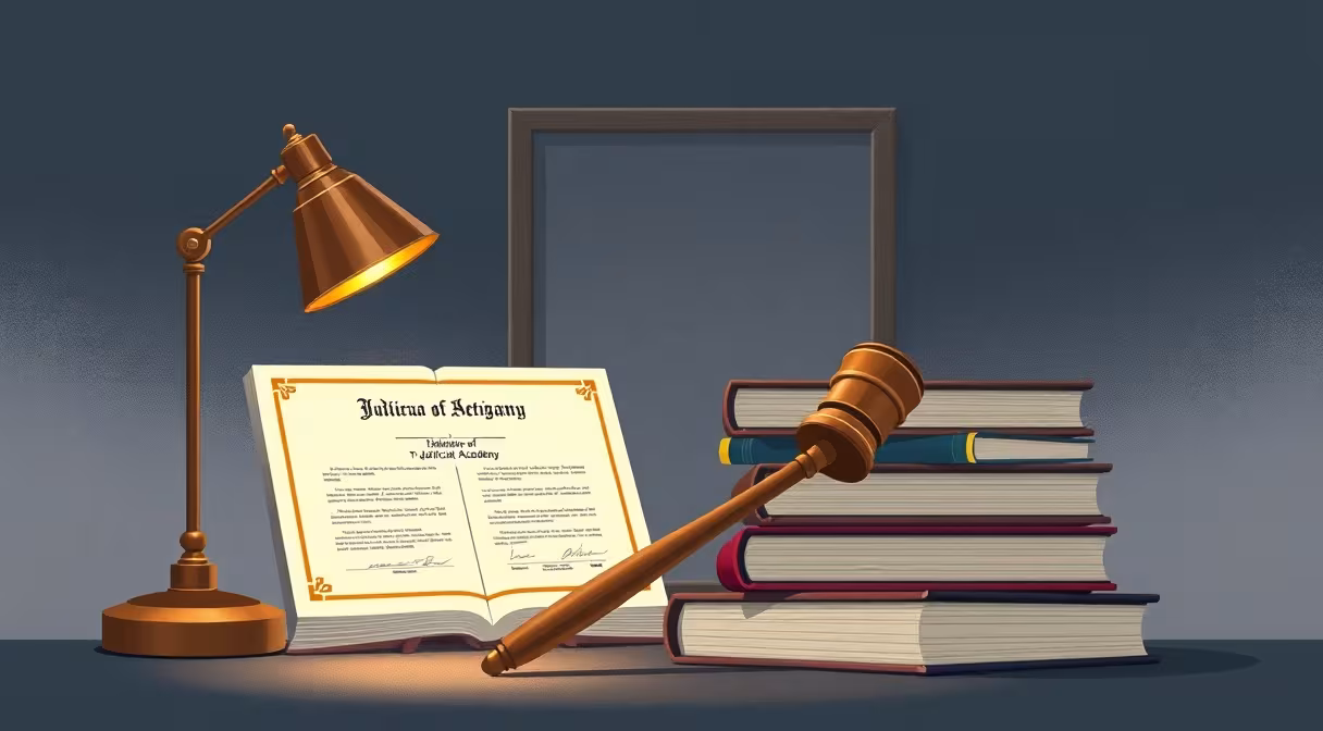 Súdne kladivo na knihe so symbolmi Justičnej akadémie v právnom prostredí.