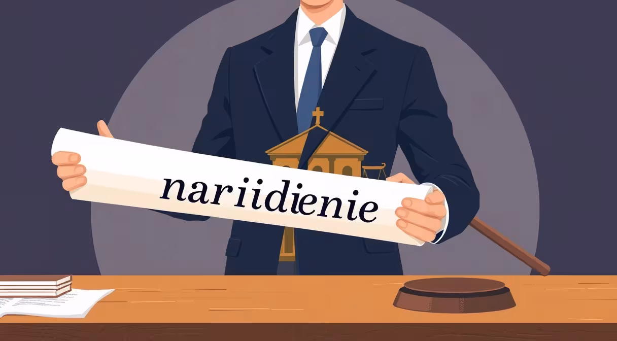 Muž v obleku drží zvitok s nariadením pred radnicou a gáfom na stole