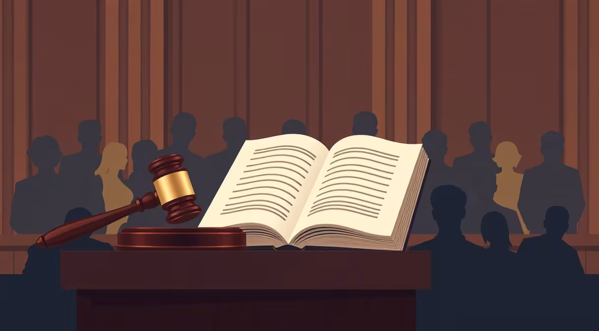 Súdne kladivo a otvorená kniha na pódiu vedľa rôznorodých siluet v diskriminačnom kontexte.