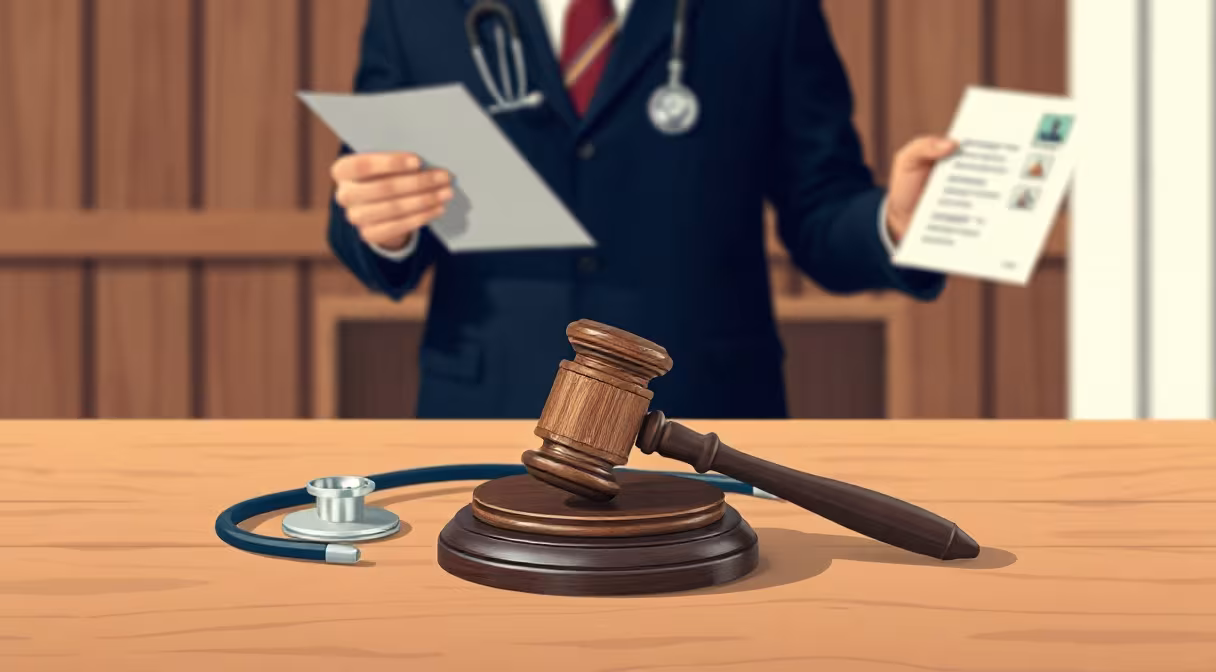 Krížik kladivka a stetoskopu na stole symbolizujúci novelu zákona o zdravotnom poistení.