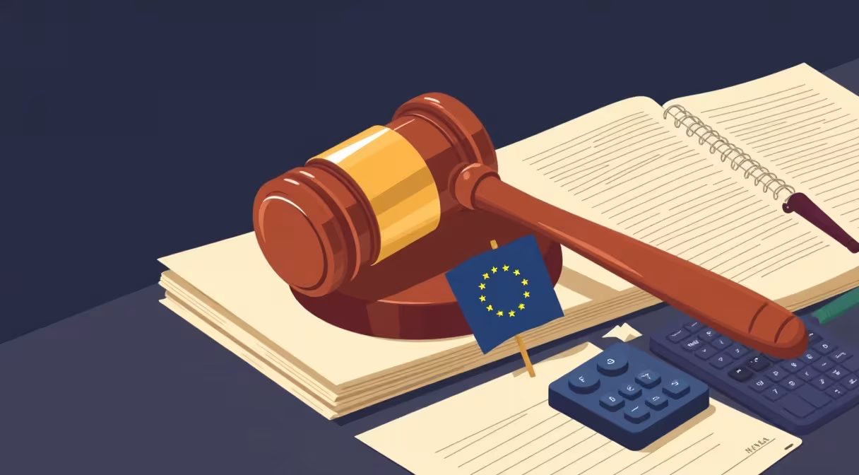 Gavel a účtovné dokumenty s vlajkou EÚ pri novele zákona o účtovníctve