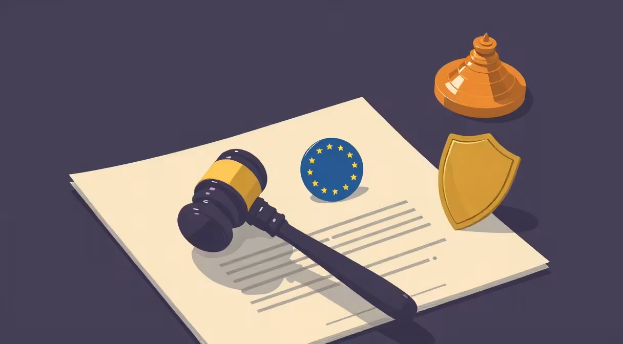 Gombík a dokument s ochranným štítom a vlajočkou EÚ na stole, znázorňujúce európsky ochranný príkaz v trestných veciach.