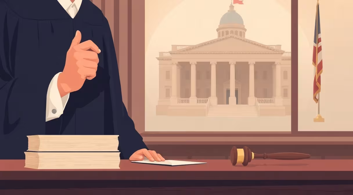 Sudca v talári udiera kladivkom na súde, na stole je kópia úradných dokumentov a za oknom je budova štátneho orgánu.