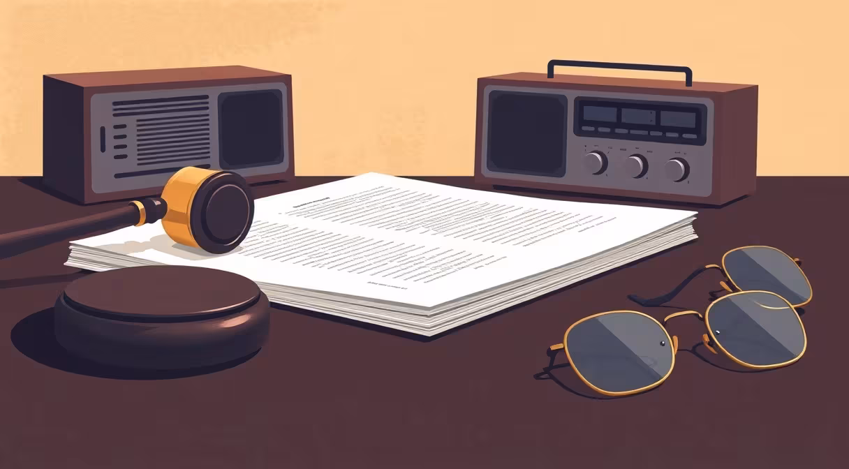 Sudcovské kladivo, rádio a okuliare na stole symbolizujúce novelu zákona o vysielaní a podpore slovenskej hudby.
