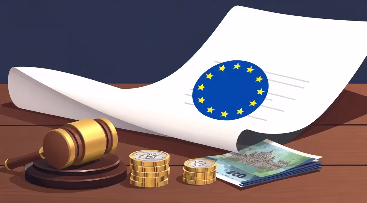 Dokument s emblémom EÚ na drevenom stole vedľa kladivka a hromady euromincí v popredí, symbolizujúci novelu zákona o ochrane vkladov.
